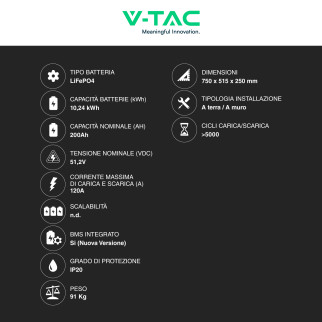 VT-12040 Accumulatore 10,24kWh Impianti Fotovoltaici CEI 0-21 V-Tac