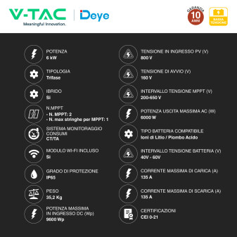 V-Tac Deye Inverter Trifase On-Grid / Off-Grid 6kW IP65