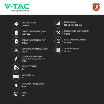 V-Tac Batteria BMS LiFePO4 51,2V 314Ah 16,07kWh Garanzia 10 Anni